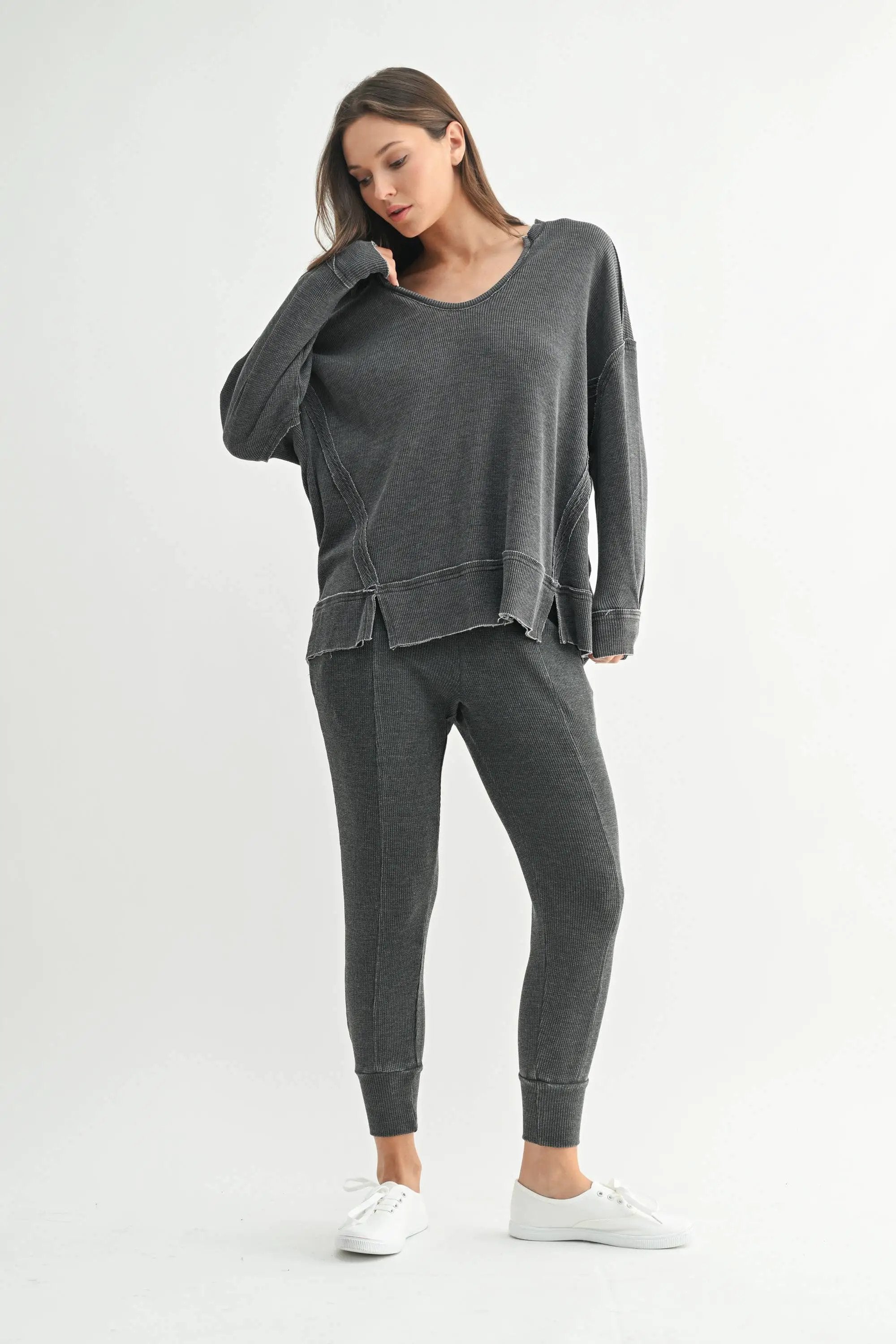Mono B Mono B - Cotton Blend Waffle Knit Oversized Long Sleeve - Sweatshirts Mono B - Cotton Blend Waffle Knit Oversized Long Sleeve
