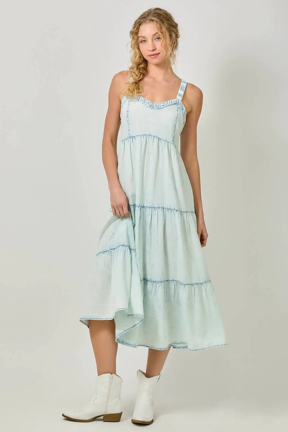 Mystree Mystree Washed Tencel Tiered Dress: Ice Blue - Dresses