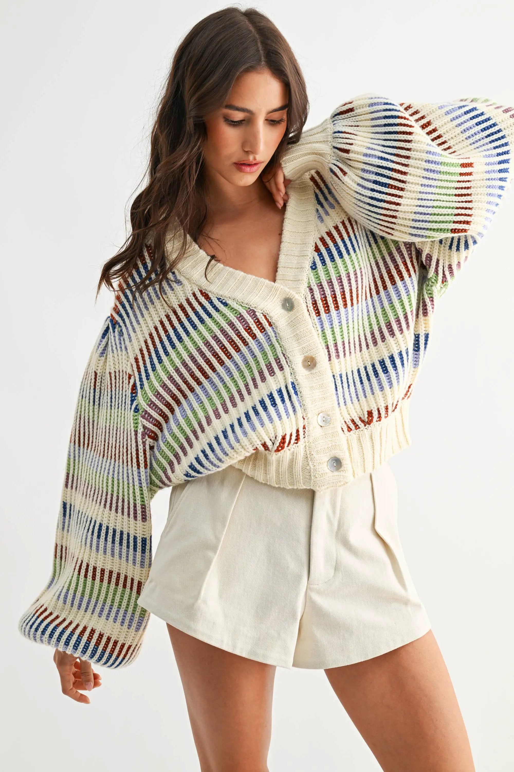 Camellia Camellia - CWT26016 Multicolor Striped Chunky Knit Cardigan: MULTI STRIPE / S-M-L (3-2-1) -