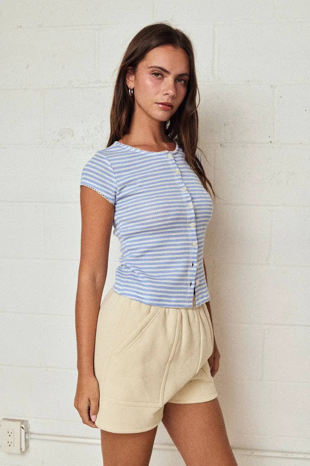 Papermoon Striped Ribbed Button Front Top: Blue/White - Clothing Tops