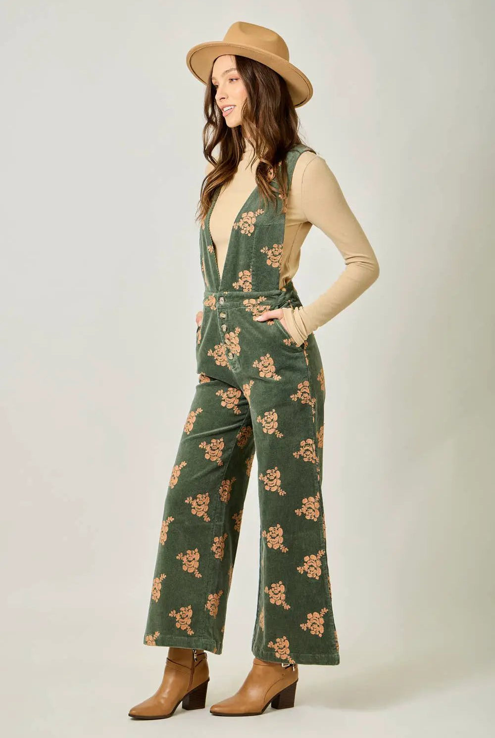 Mystree The Golden Grove Embroidered Corduroy Jumpsuit – Vintage Olive - One-Pieces