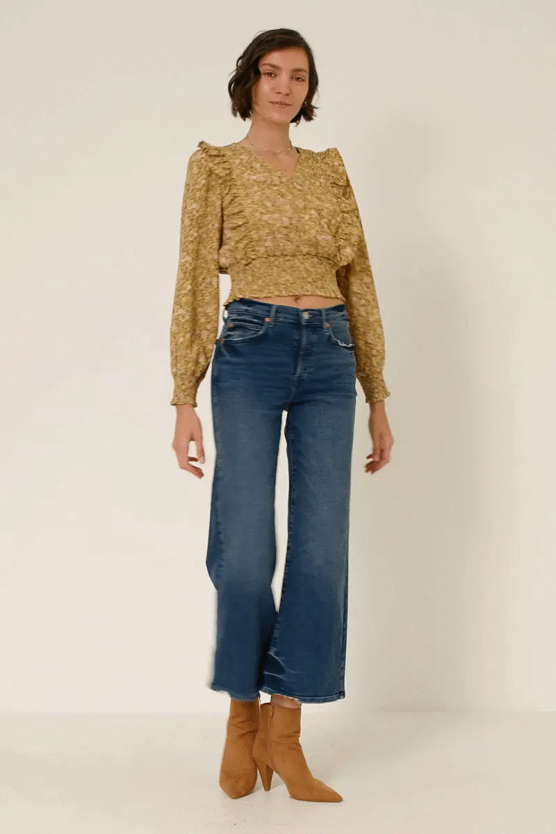 Hayden LA Hayden LA - Women's Smocked Detail Floral Wrap Top: Camel - Blouses top-blouse