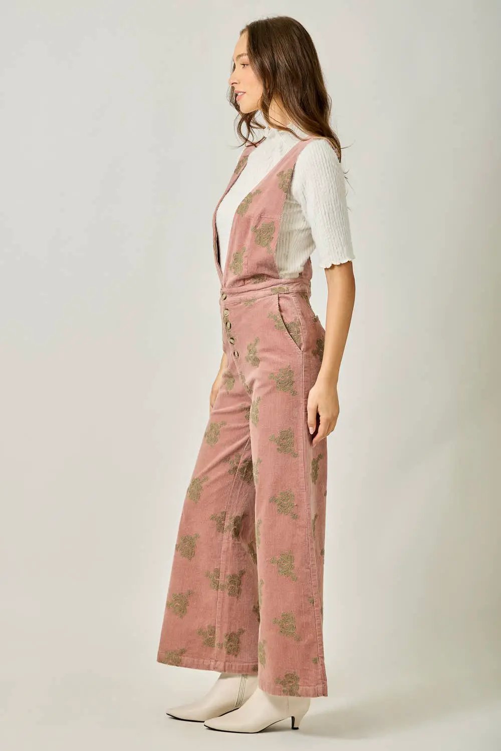 Mystree The Blushing Beauty Embroidered Corduroy Jumpsuit - One-Pieces