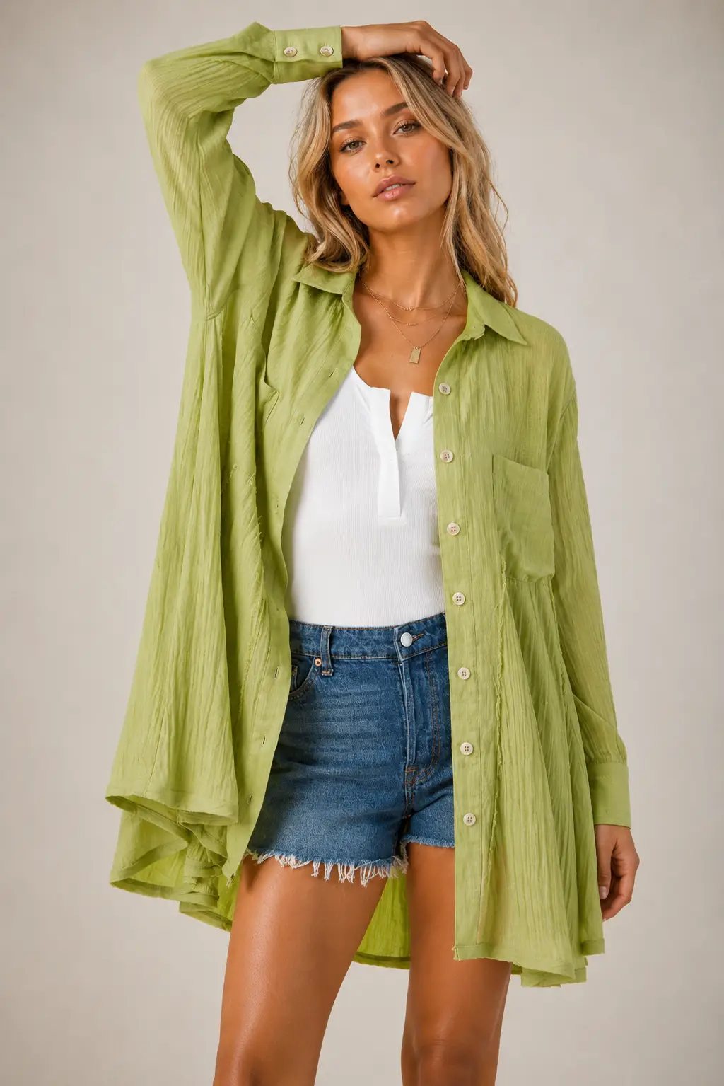 WISTERIA LANE Wisteria Lane - Lime Gauze Wide Sweep Paneled Shirt Dress - Dresses