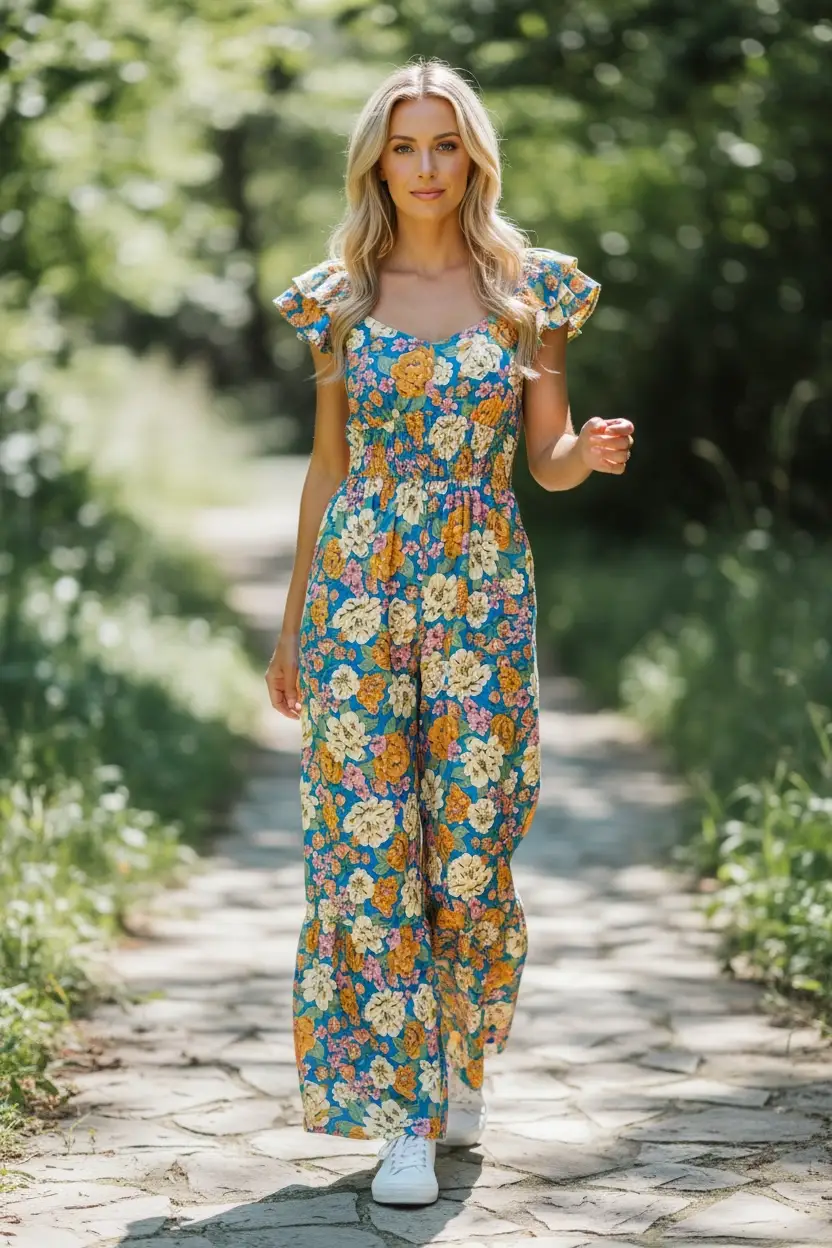 Grateful Threads Boutique The Golden Bloom Flutter Sleeve Jumpsuit - One-Pieces Yellow Floral Allover Print Shirred Cut Out High Waist Jumpsuit