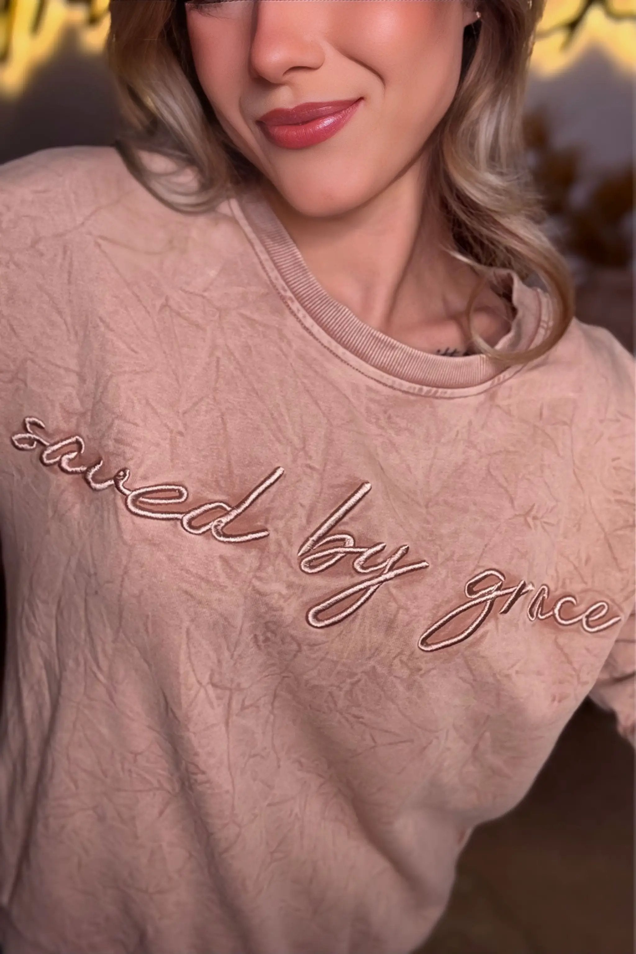 Grateful Threads Boutique “Saved By Grace” Letter Embroidery Mineral Wash Loose Sweatshirt - Sweatshirts DUNE saved by grace Letter Embroidery Mineral Wash Loose Sweatshirt