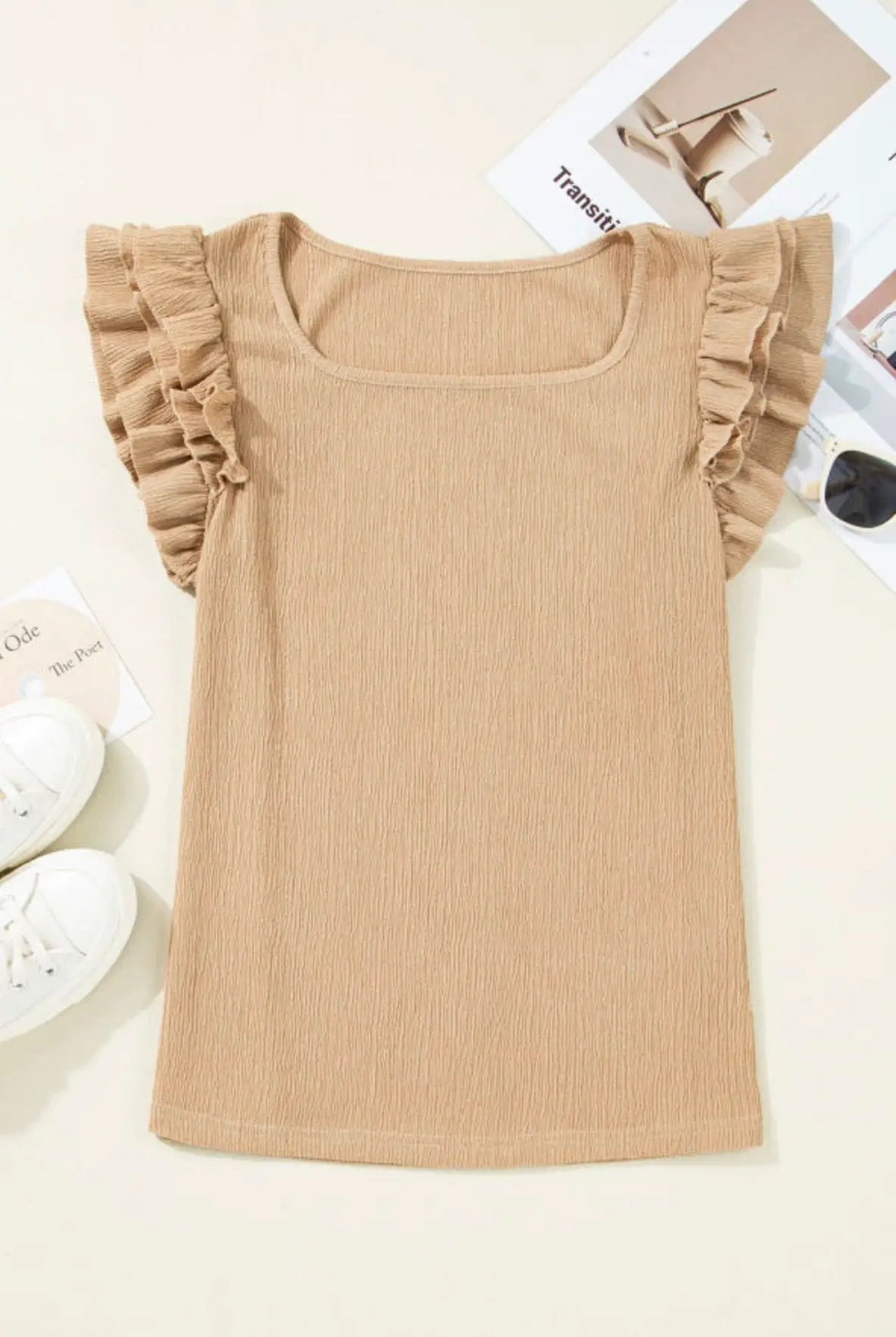 Light mocha textured square neck top with ruffled tiered sleeves and ribbed knit fabric for a slim fit.