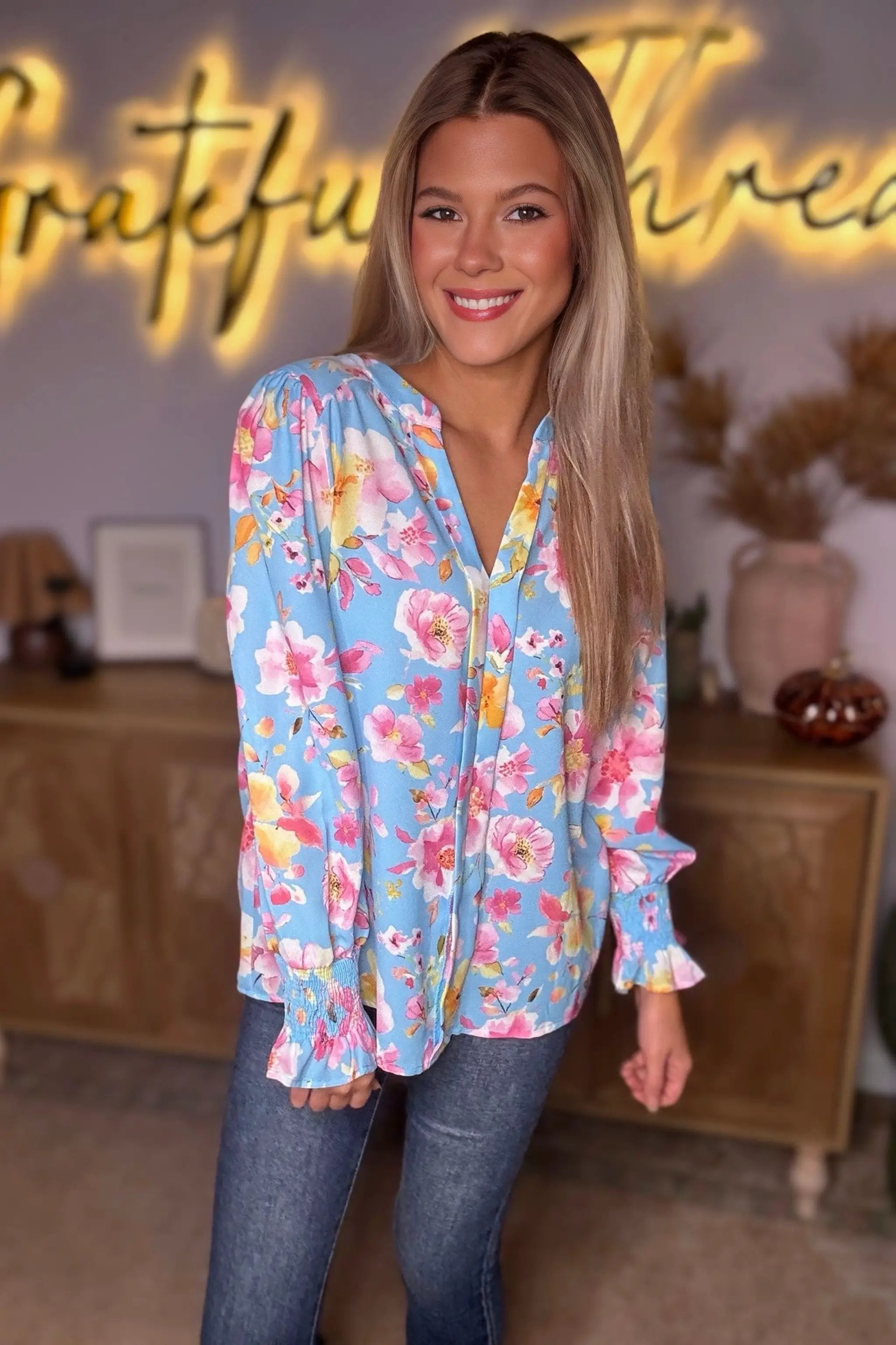 Grateful Threads Boutique Sky Blue Floral Smocked Cuff Flounce Sleeve V Neck Blouse - Blouses Sky Blue Floral Smocked Cuff Flounce Sleeve V Neck Blouse