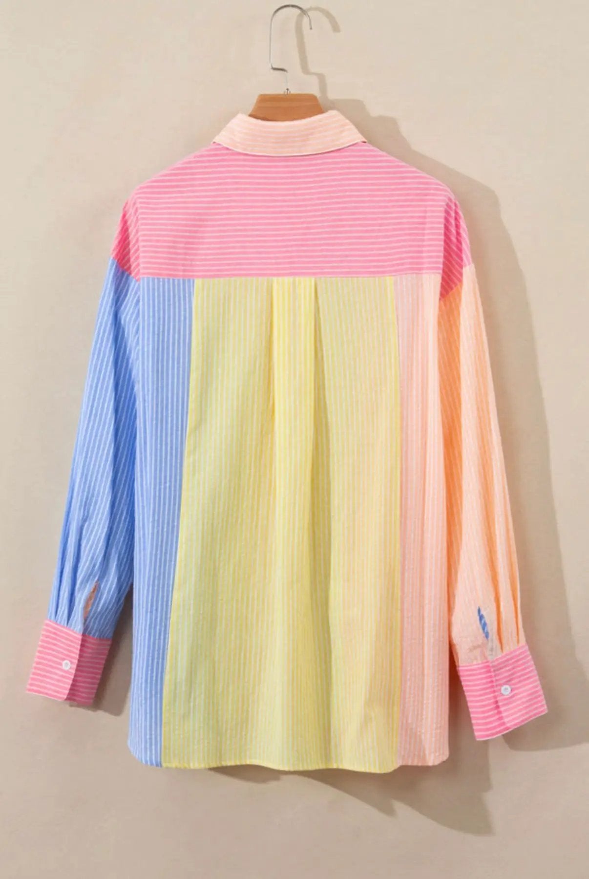 Grateful Threads Boutique Pink Stripe Color Block Chest Pocket Oversized Shirt - Shirts Pink Stripe Color Block Chest Pocket Oversized Shirt