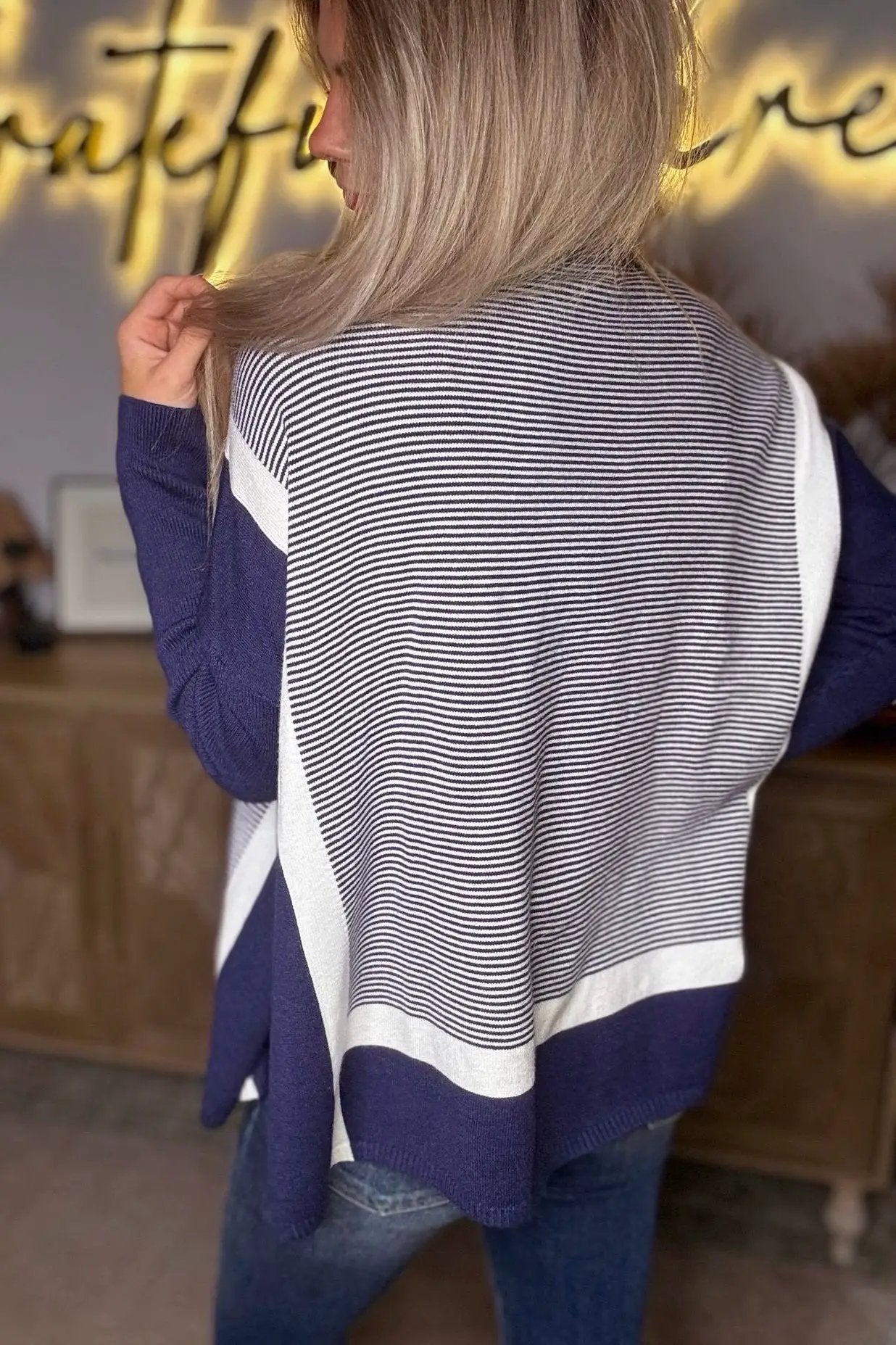 Grateful Threads Boutique Blue Stripe Color Block Patchwork Dolman Oversize Tunic Sweater - Tunics Blue Stripe Color Block Patchwork Dolman Oversize Tunic Sweater