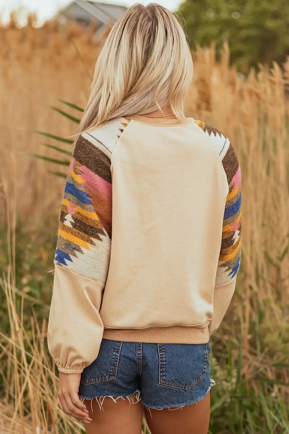 Grateful Threads Boutique Light French Beige Aztec Patchwork Raglan Pullover Sweatshirt - Sweatshirts Light French Beige Aztec Patchwork Raglan Pullover Sweatshirt