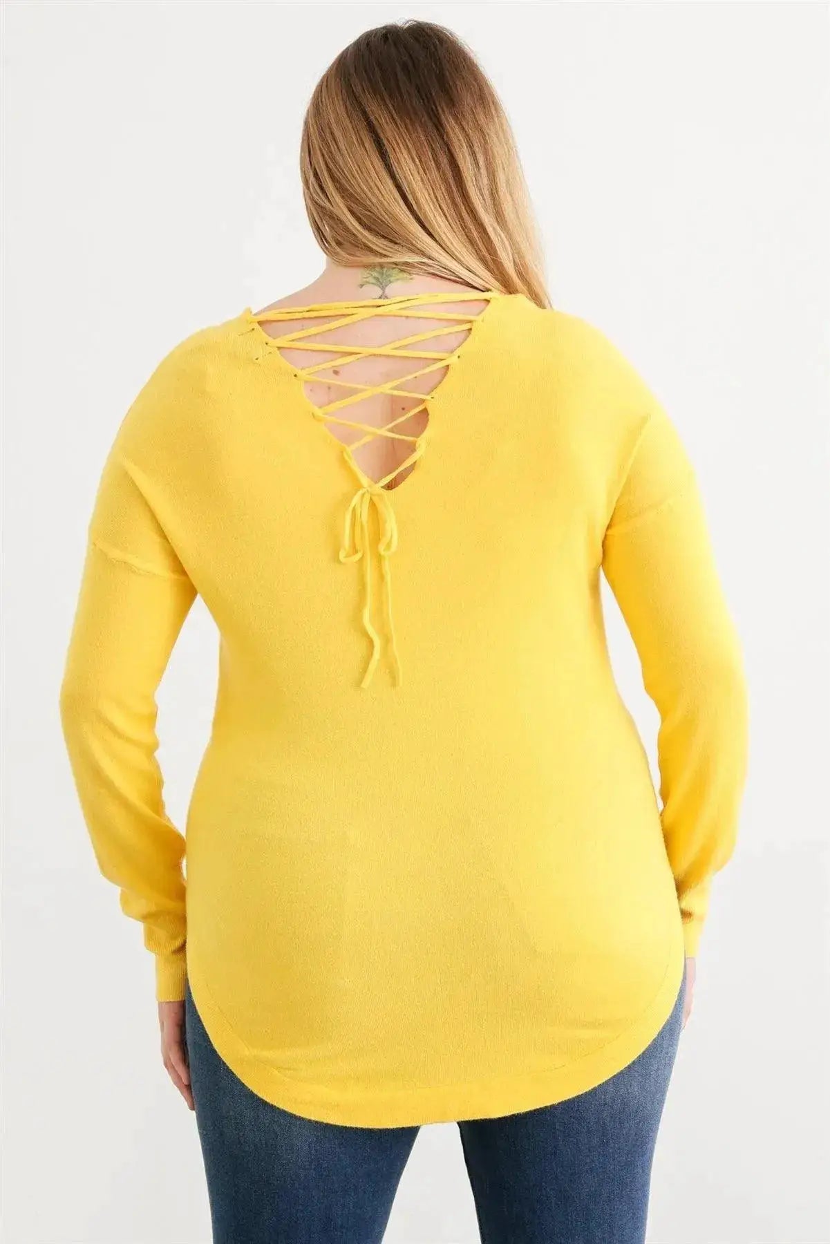 Zenobia Plus Size Lace-Up Back Curved Hem Basic Knit Top - Clothing Tops Plus size Lace-up back knit top