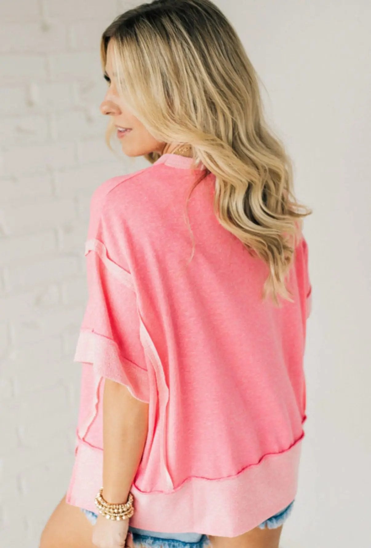 Grateful Threads Boutique Peach Blossom Half Sleeve Raw Seam High Low Side Split Top - Clothing Tops Peach Blossom Half Sleeve Raw Seam High Low Side Split