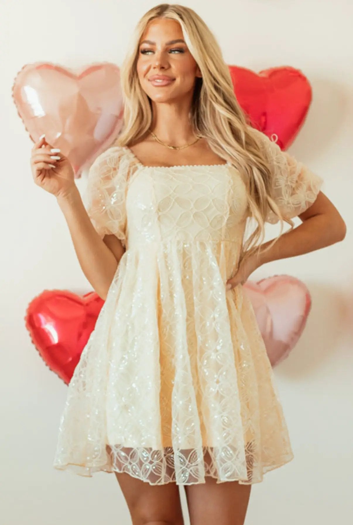 Grateful Threads Boutique Golden Hour Glam Sequin Lace Dress - Dresses Apricot Sequined Lace Mesh Bubble Sleeve Square Neck Dress