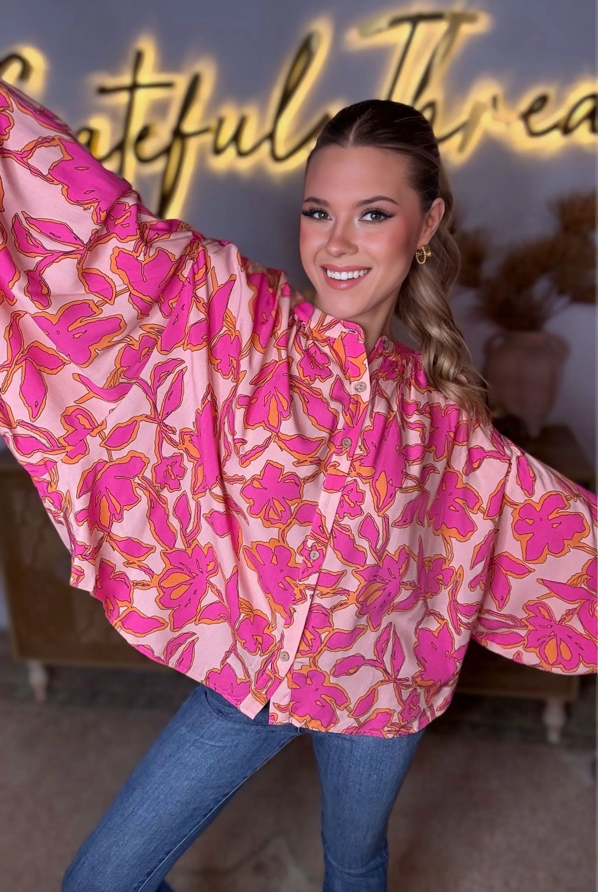 Grateful Threads Boutique Pink & Orange Floral Batwing Sleeve Button-Up Loose Fit Blouse - Blouses pink floral batwing sleeve blouse