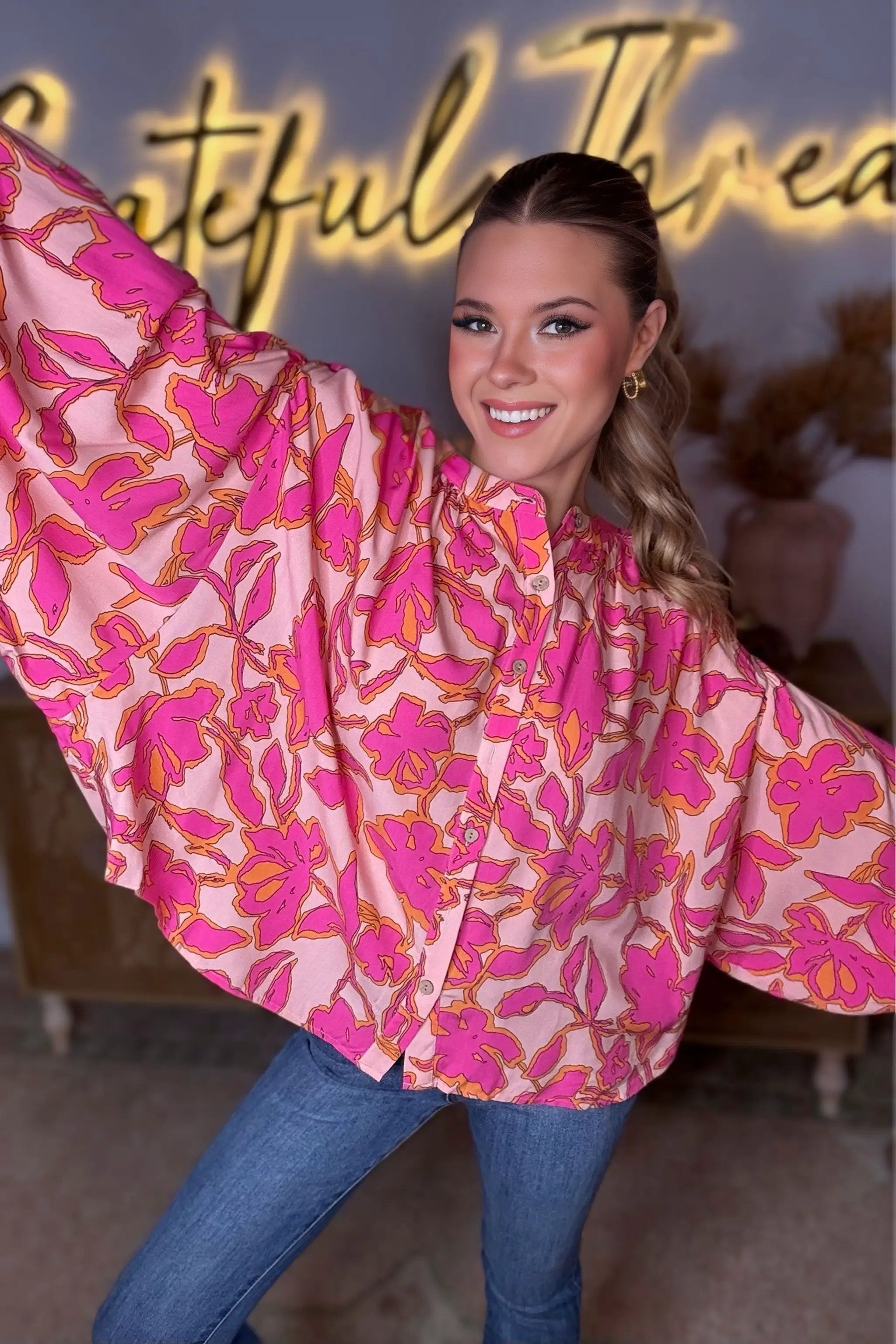 Grateful Threads Boutique Pink & Orange Floral Batwing Sleeve Button-Up Loose Fit Blouse - Blouses pink floral batwing sleeve blouse