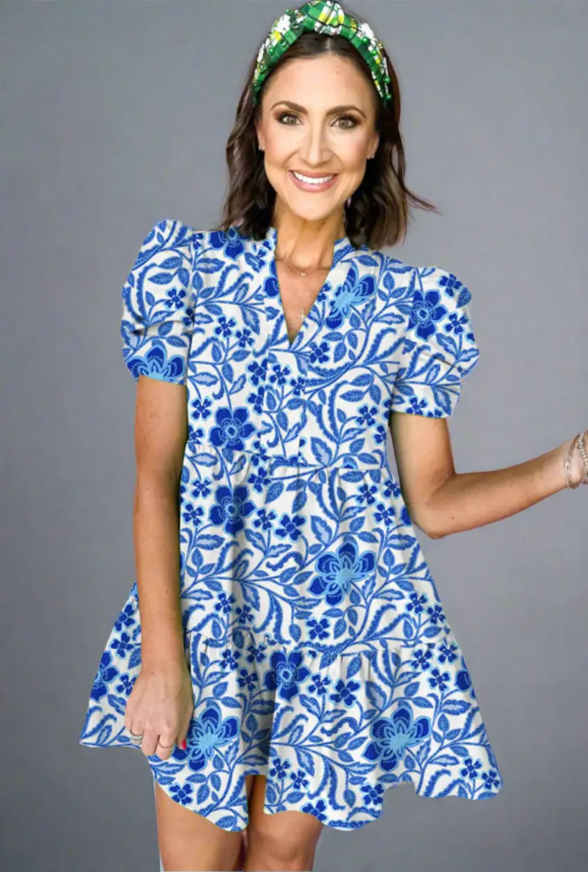 Grateful Threads Boutique Royal Blue Flower Print Tiered Puff Sleeve Dress - Dresses