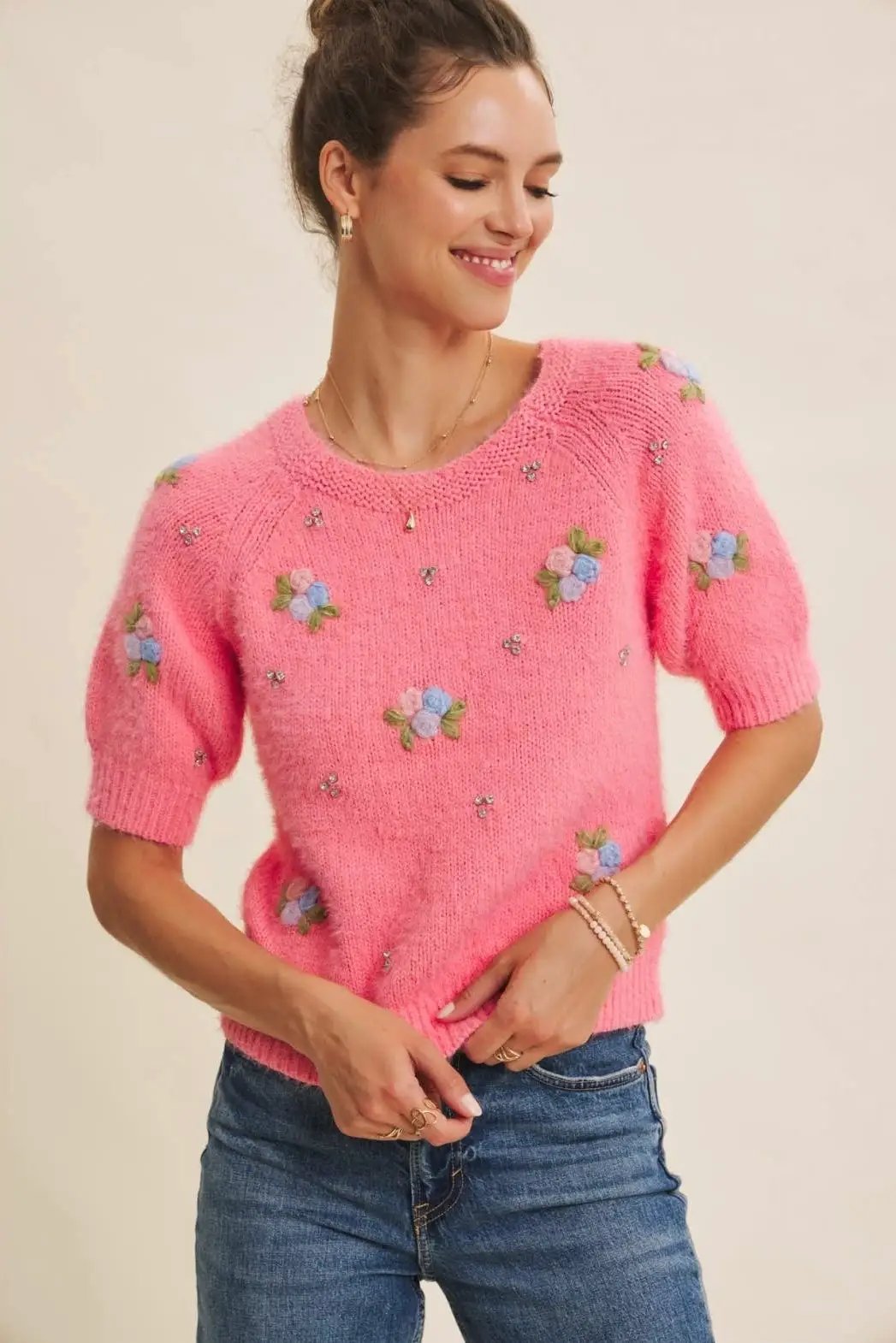 in february The Bloom Embroidered Fuzzy Sweater in Candy Pink - Sweaters
