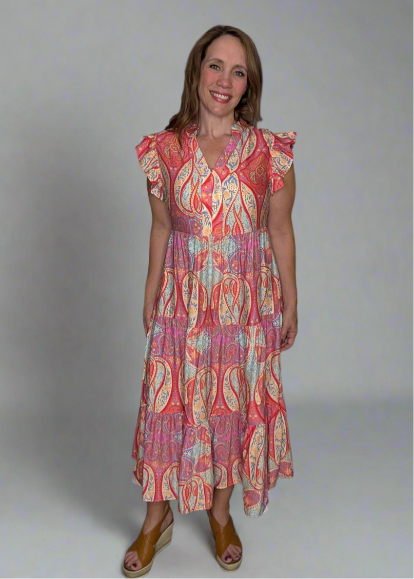 Grateful Threads Boutique Rose Tribal Paisley Print Ruffled Sleeve Notch Neck Midi Dress - Dresses Rose Tribal Paisley Print Ruffled Sleeve Notch Neck Midi Dress