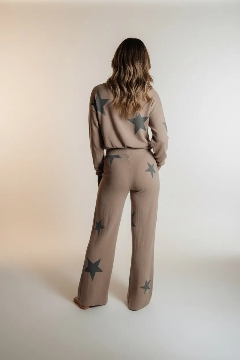 Grateful Threads Boutique Khaki Retro Star Print Wide Leg Lounge Set - Outfit Sets star print wide leg lounge set