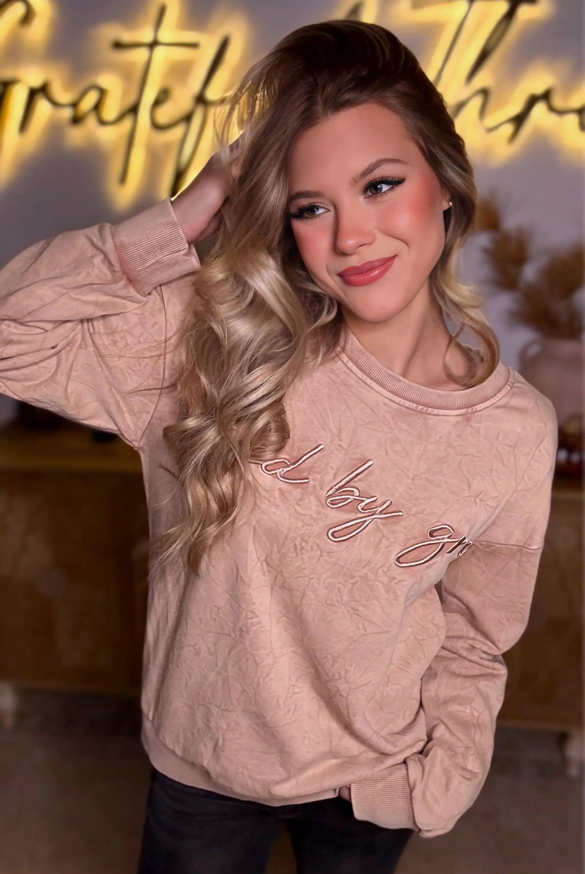 Grateful Threads Boutique “Saved By Grace” Letter Embroidery Mineral Wash Loose Sweatshirt - Sweatshirts DUNE saved by grace Letter Embroidery Mineral Wash Loose Sweatshirt