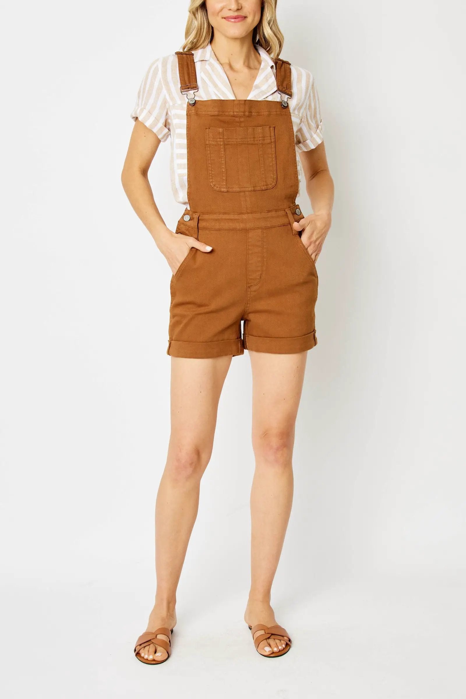 Judy Blue Judy Blue High Waisted Garment Dyed Destroyed Cuffed Brown Overall Shorts - One-Pieces Judy Blue High Waisted Garment Dyed Destroyed Cuffed Brown Overall Shorts