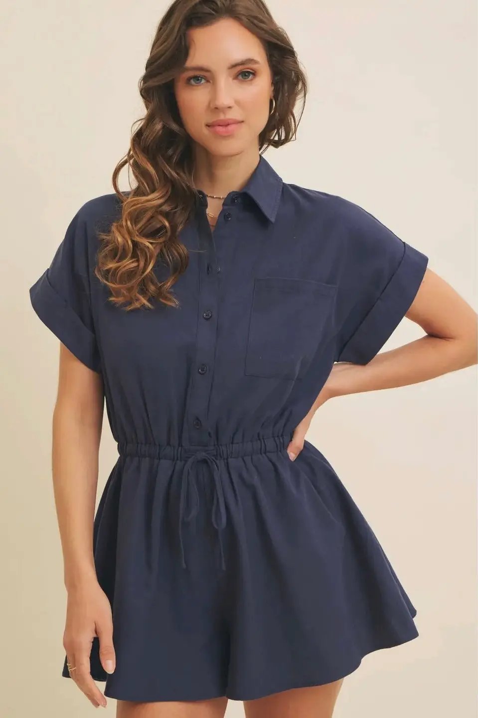 in february The Oxford Navy Cotton Twill Button-Down Romper - One-Pieces
