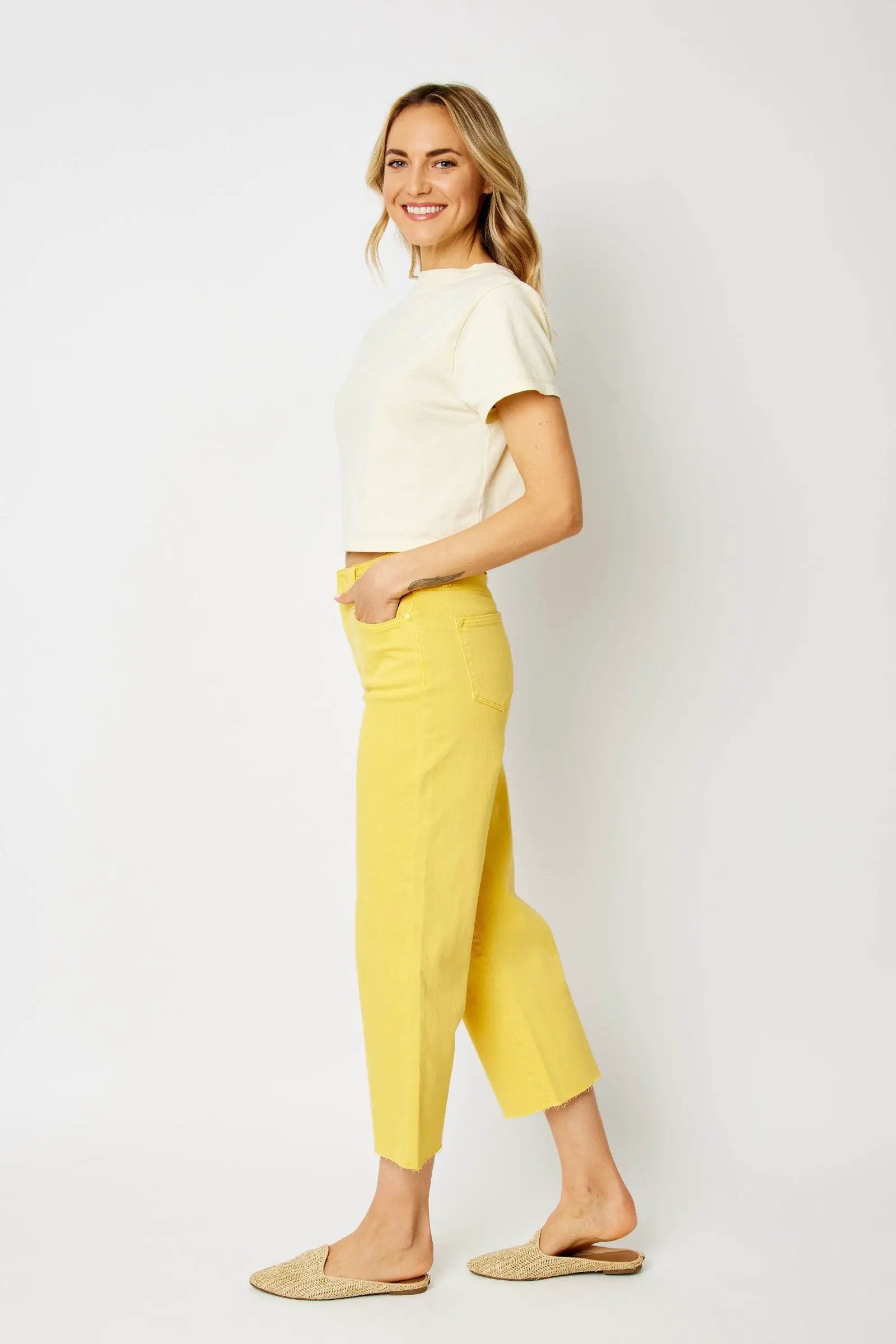 Judy Blue The Braided Waist Band Yellow Cropped Wide Leg Jeans - Jeans Judy Blue High Waisted Yellow Garment Dyed Braided Waist Band Cropped Wide Leg Denim Jeans