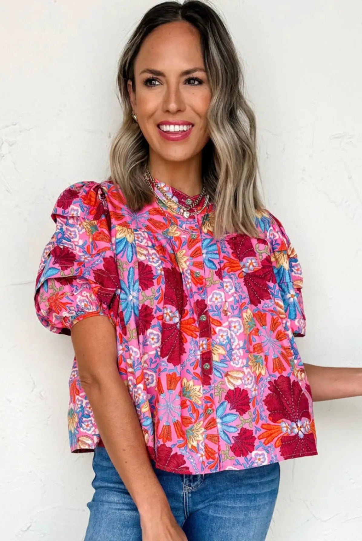 Grateful Threads Boutique Tropical Tango Bubble Sleeve Button-Up Pleated Top - Blouses