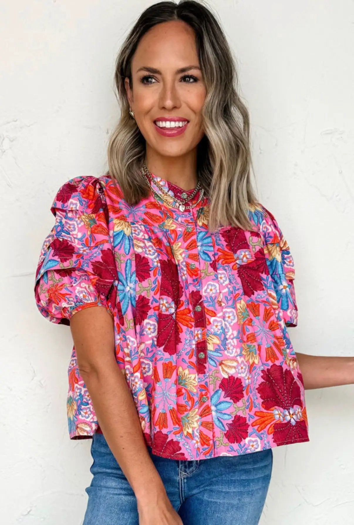 Grateful Threads Boutique Tropical Tango Bubble Sleeve Button-Up Pleated Top - Blouses