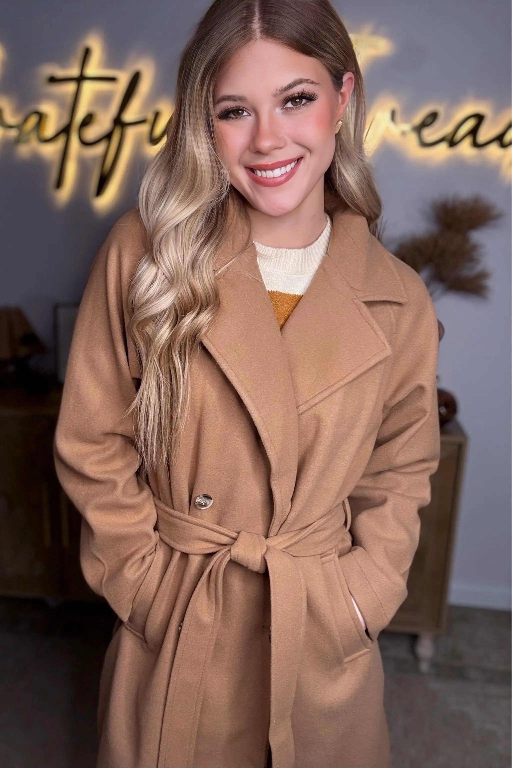 Active Basic | Active USA Active Basic | Active USA - Long Sleeve Double Breasted Button Soft Felt Trench Coat in Camel - Trench Coats Long Sleeve Double Breasted Button Soft Felt Trench Coat
