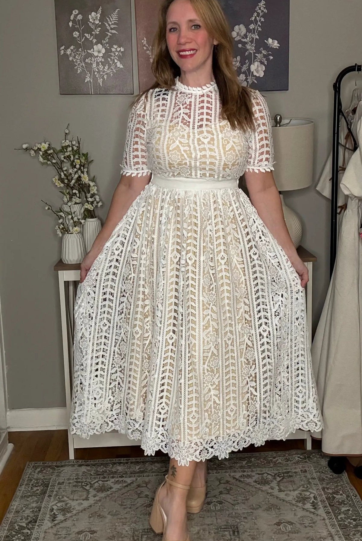 Endless Blu Endless Blu Short Sleeve White Lace Midi Dress - Dresses