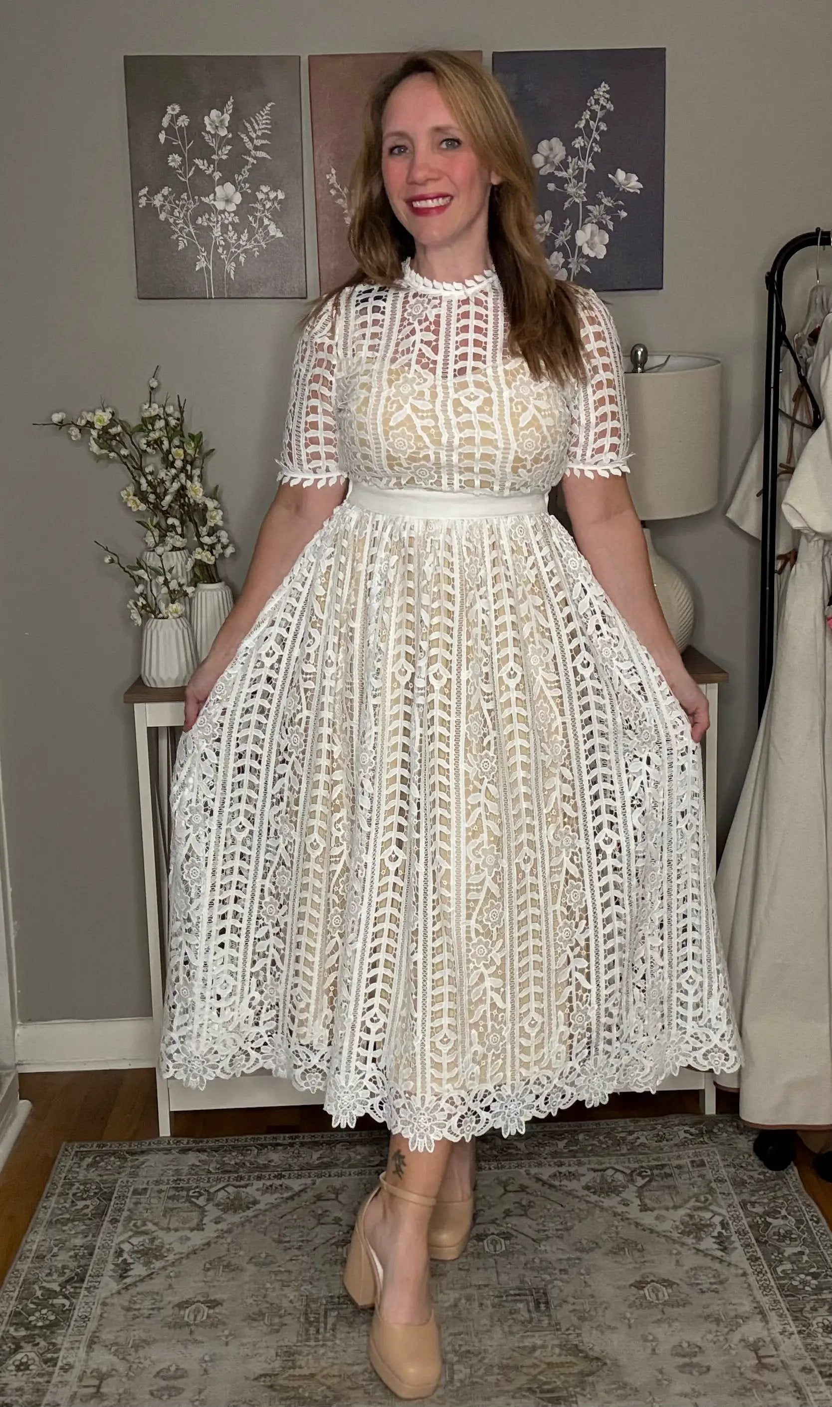 Endless Blu Endless Blu Short Sleeve White Lace Midi Dress - Dresses