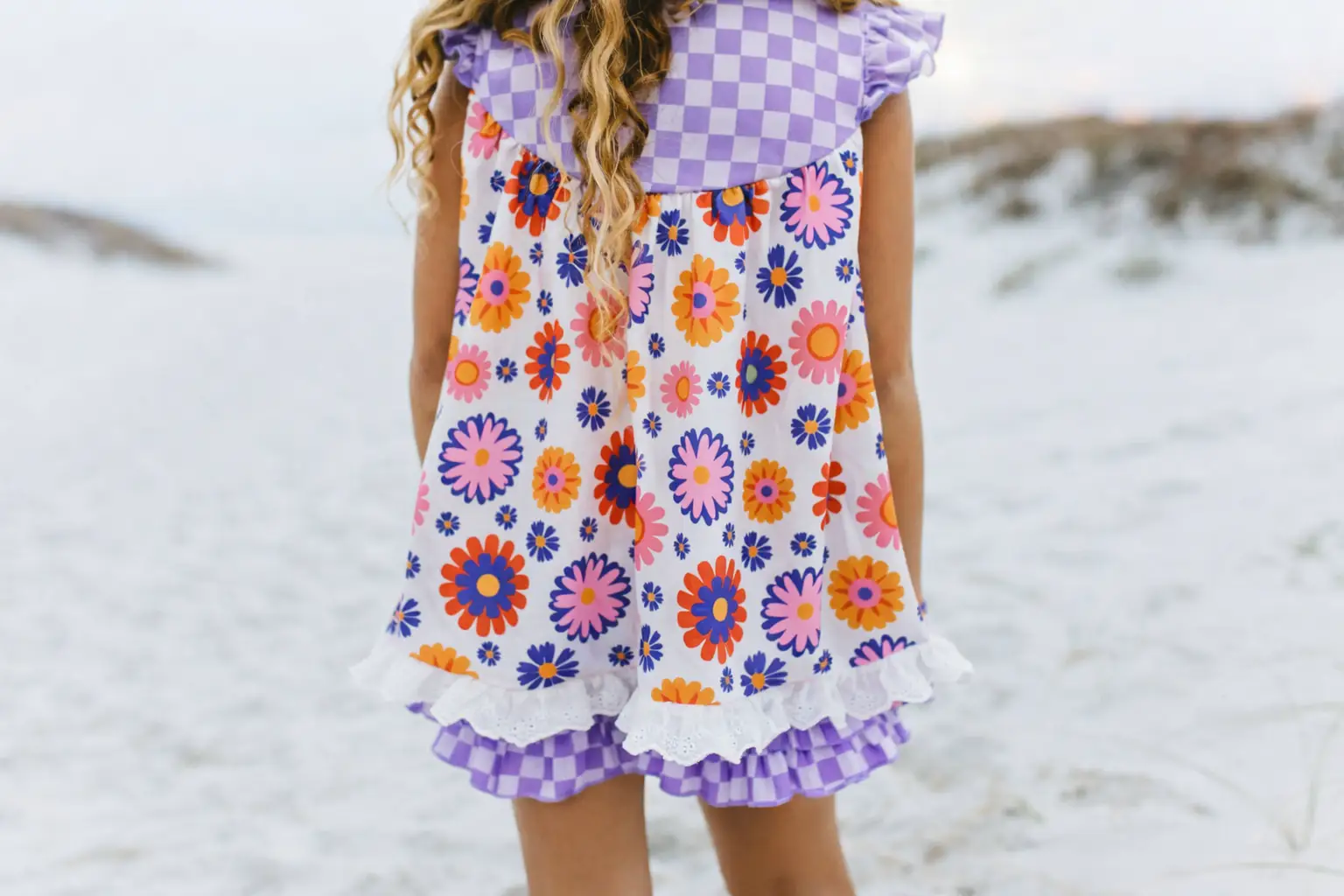 Adorable Sweetness Girls’ Lavender Check Flower Power Short Set - Outfit Sets