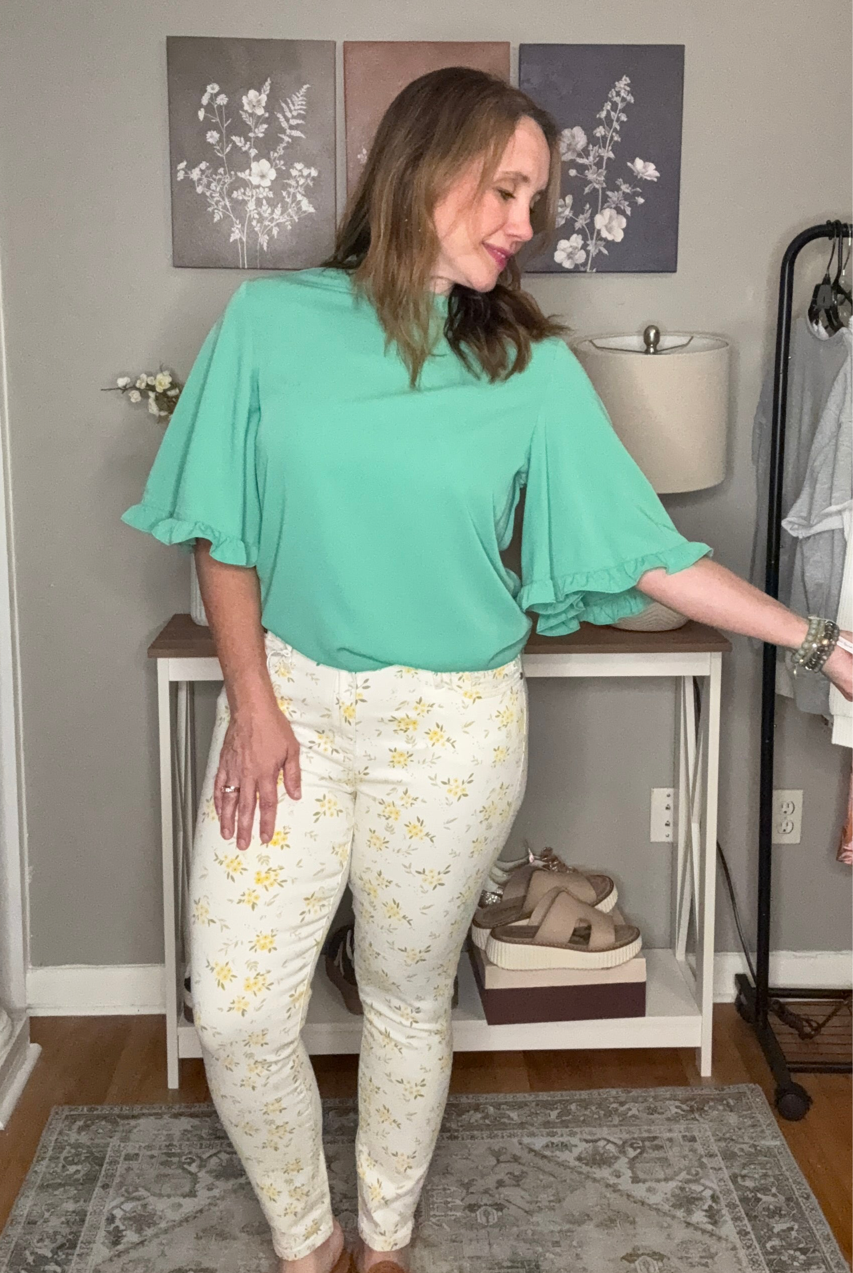 Grateful Threads Boutique Green Frilly Round Neck Wide Half Sleeve Blouse - Blouses Green Frilly blouse