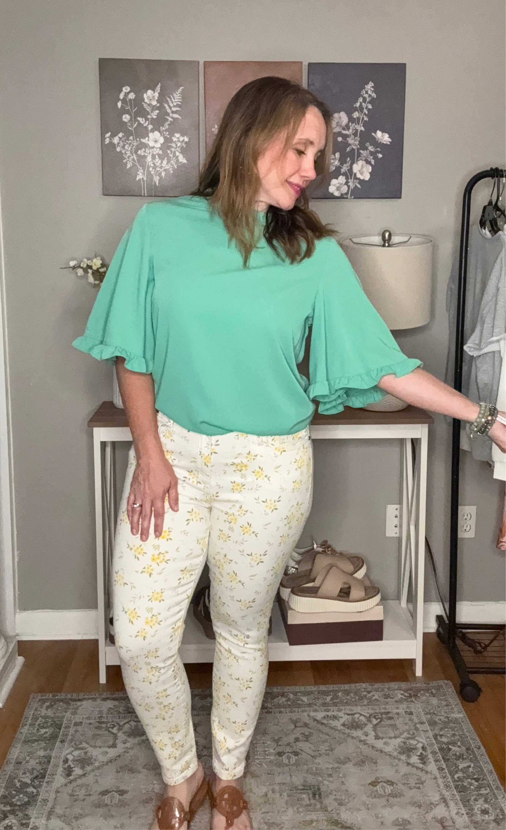 Grateful Threads Boutique Green Frilly Round Neck Wide Half Sleeve Blouse - Blouses Green Frilly blouse