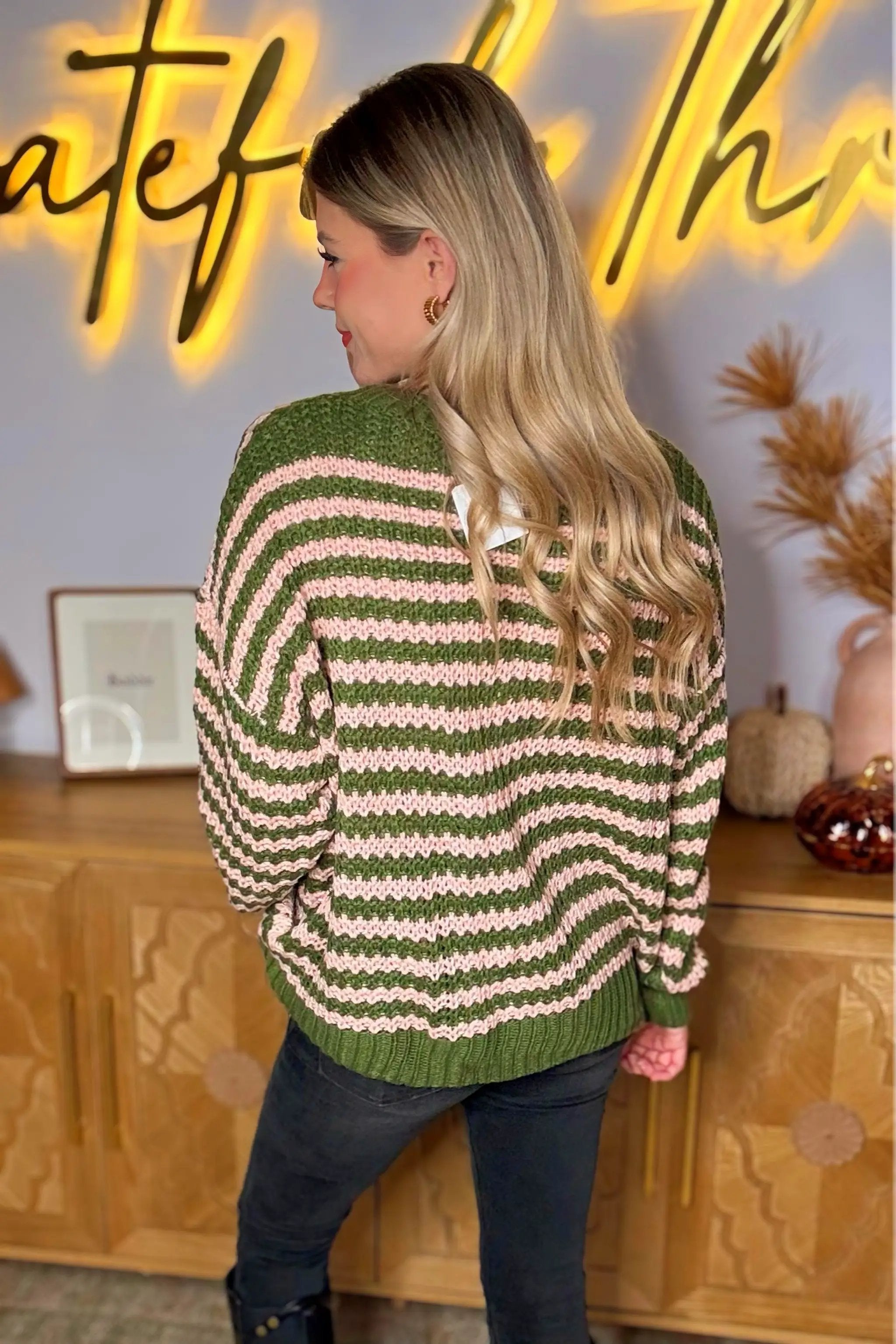 Hayden LA Hayden LA - Womens Striped Drop Shoulder Low Gauge Sweater: Olive & Pink Mix - Sweaters