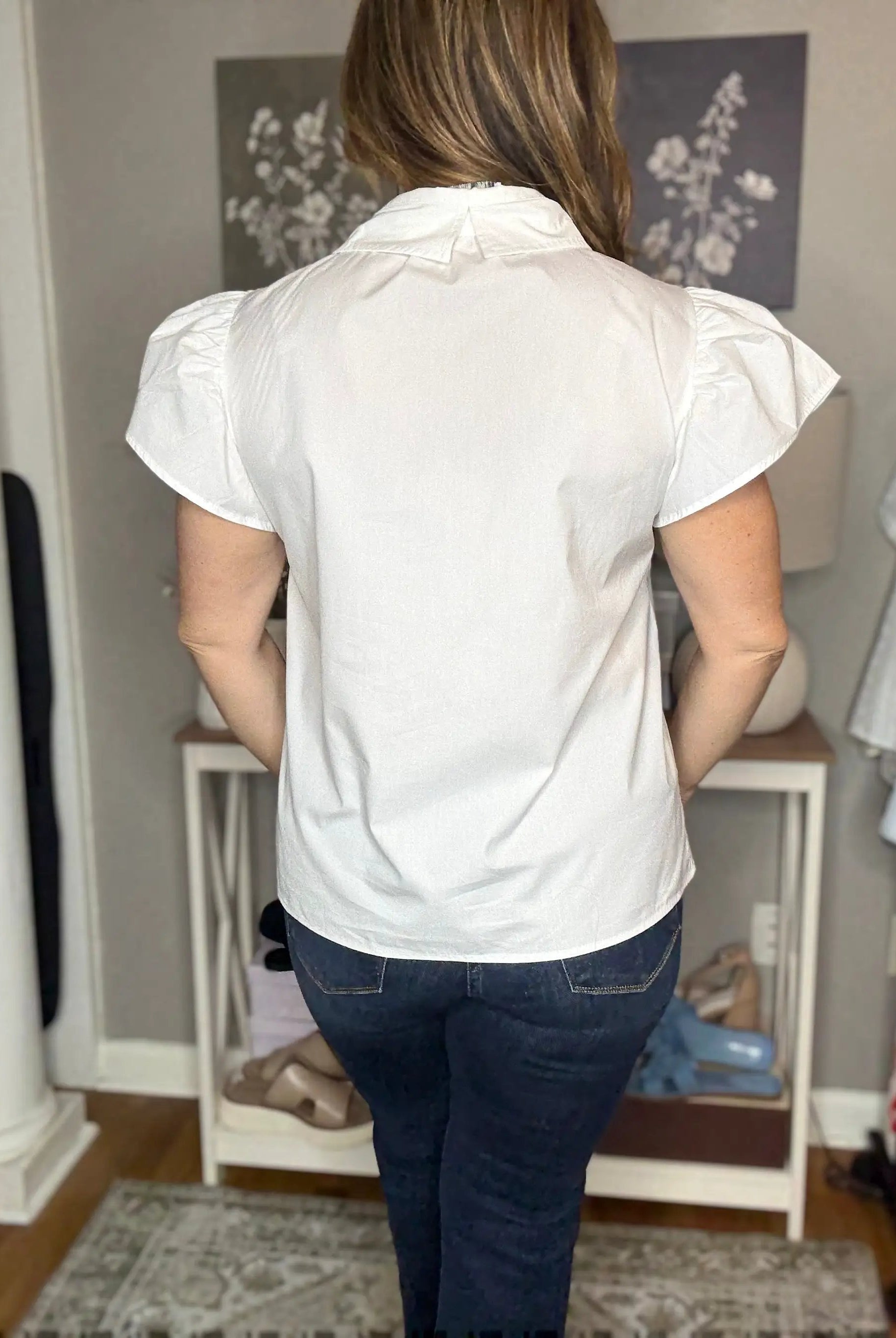 Grateful Threads Boutique White Half Button Lace Patchwork Flutter Sleeve Blouse - Blouses White lace flutter sleeve top
