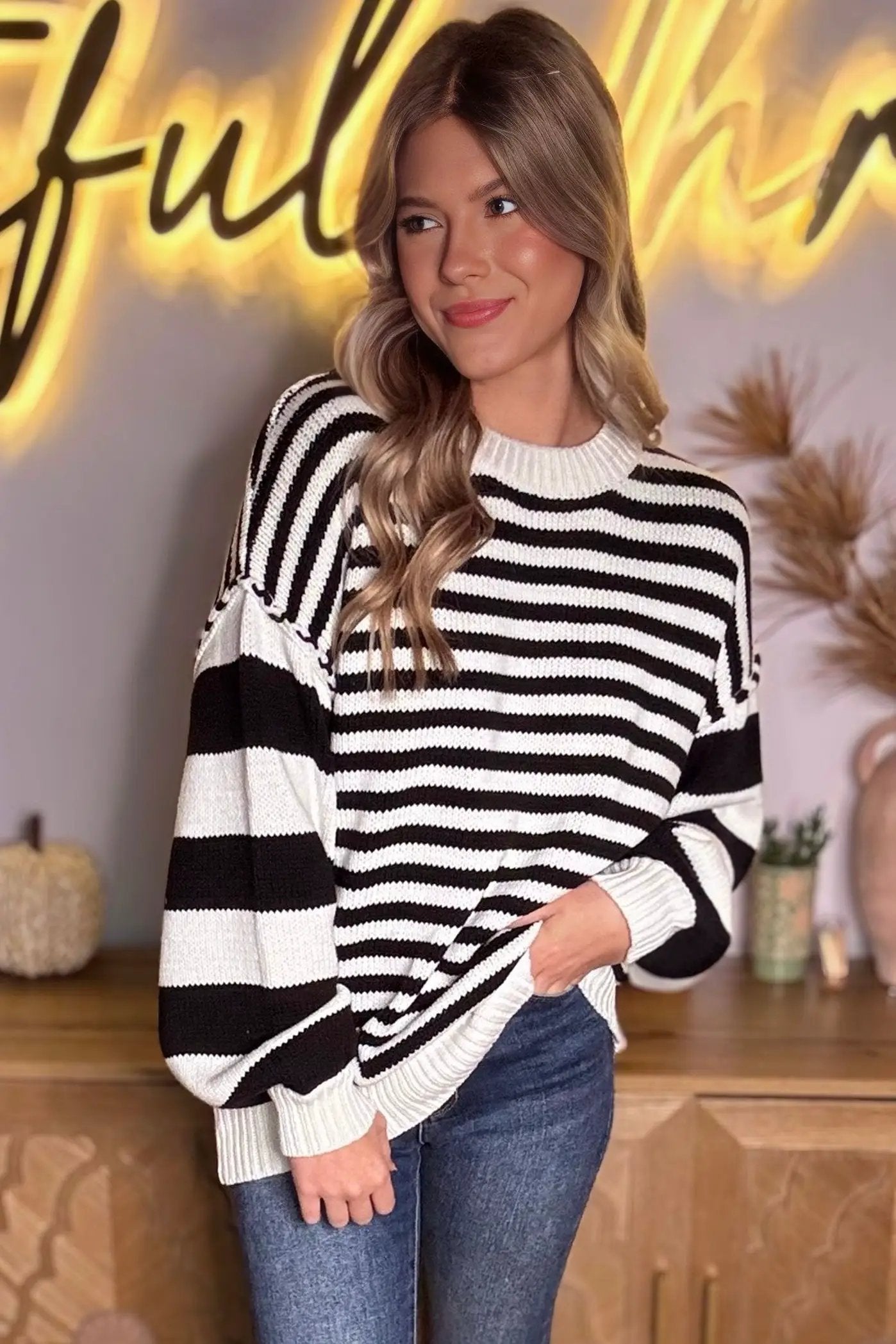 Grateful Threads Boutique Black white Striped Drop Shoulder Bishop Sleeve Knit Sweater - Sweaters Black white Striped Drop Shoulder Bishop Sleeve Knit Sweater