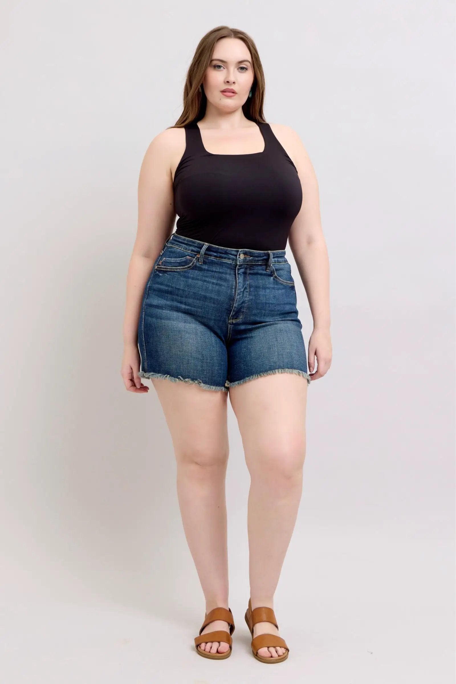 Judy Blue Judy Blue High Waisted Tummy Control Frayed Hem & Shield Back Pocket Dark Blue Denim Shorts PLUS - Shorts Judy Blue High Waisted Tummy Control Frayed Hem & Shield Back Pocket Dark Blue Denim Shorts PLUS