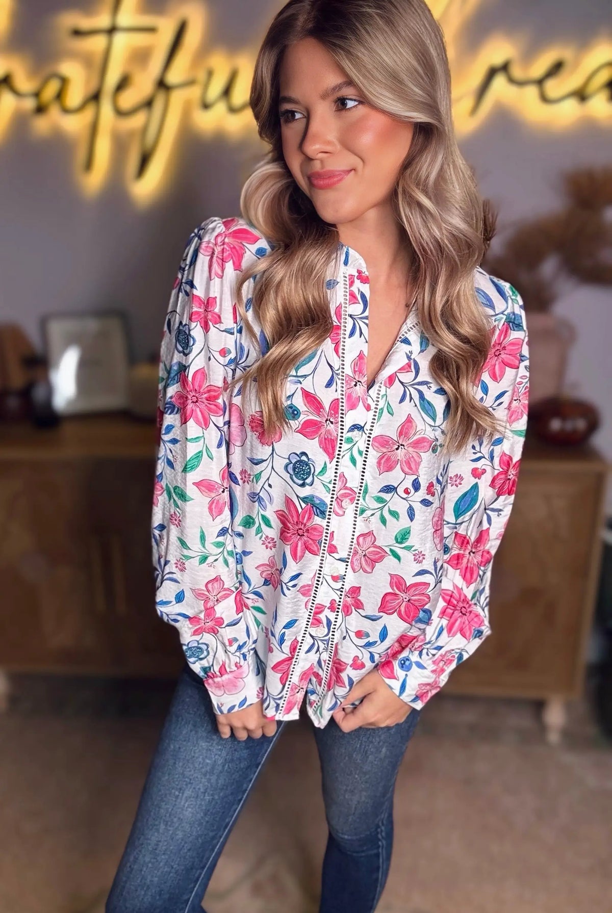 Grateful Threads Boutique Pink Floral Print Lace Detail Button-up Long Sleeve Shirt - Shirts Pink Floral Print Lace Detail Button-up Long Sleeve Shirt
