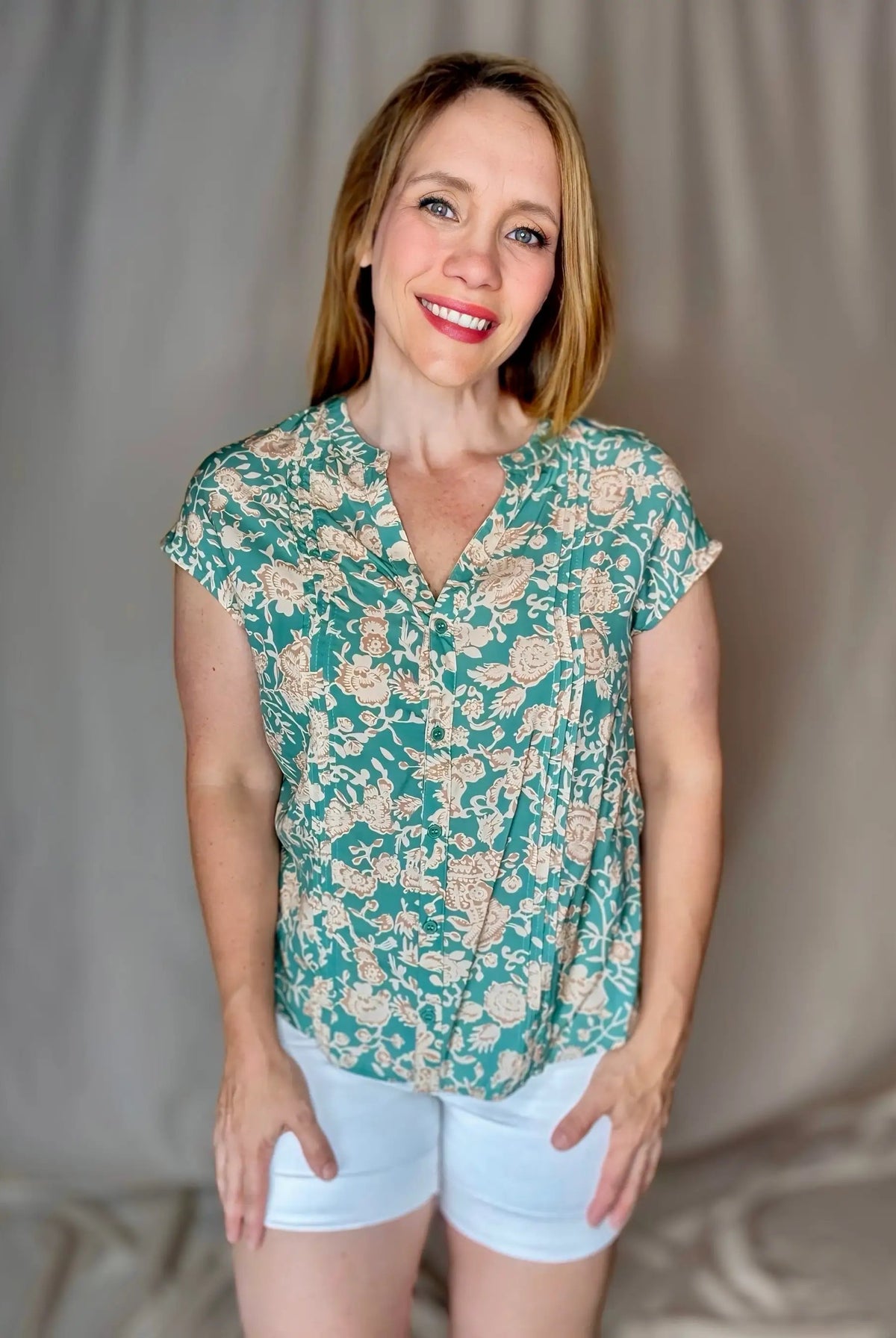 Grateful Threads Boutique Green Floral Print Pleated Buttoned V-Neck Short Sleeve Blouse - Blouses Green floral v neck short sleeve blouse