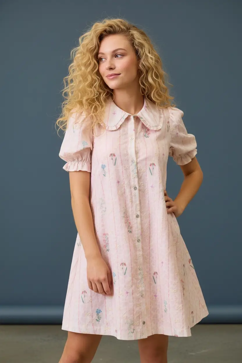 Doe and Rae The Sweet Meadow Embroidered Peter Pan Collar Swing Dress - Dresses