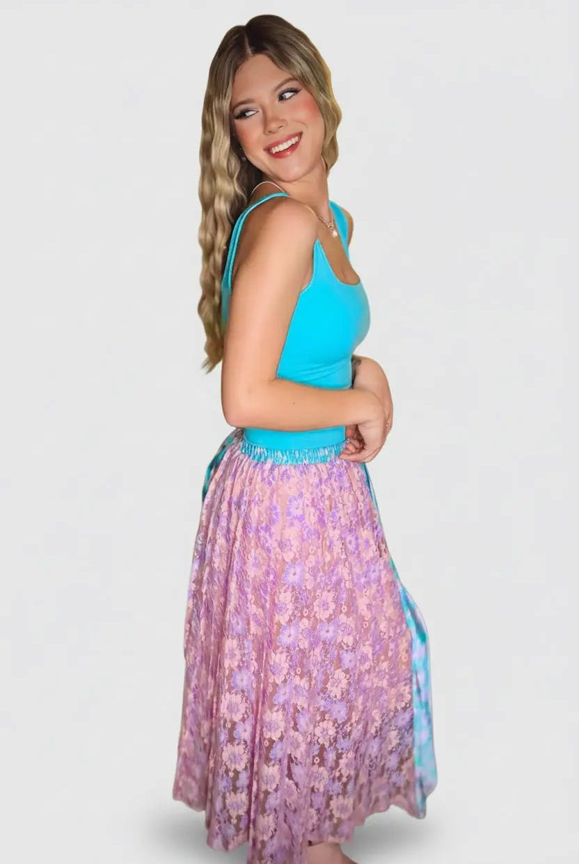 Mystree Mystree Mixed Media Midi Skirt: Teal/Lavender - Skirts