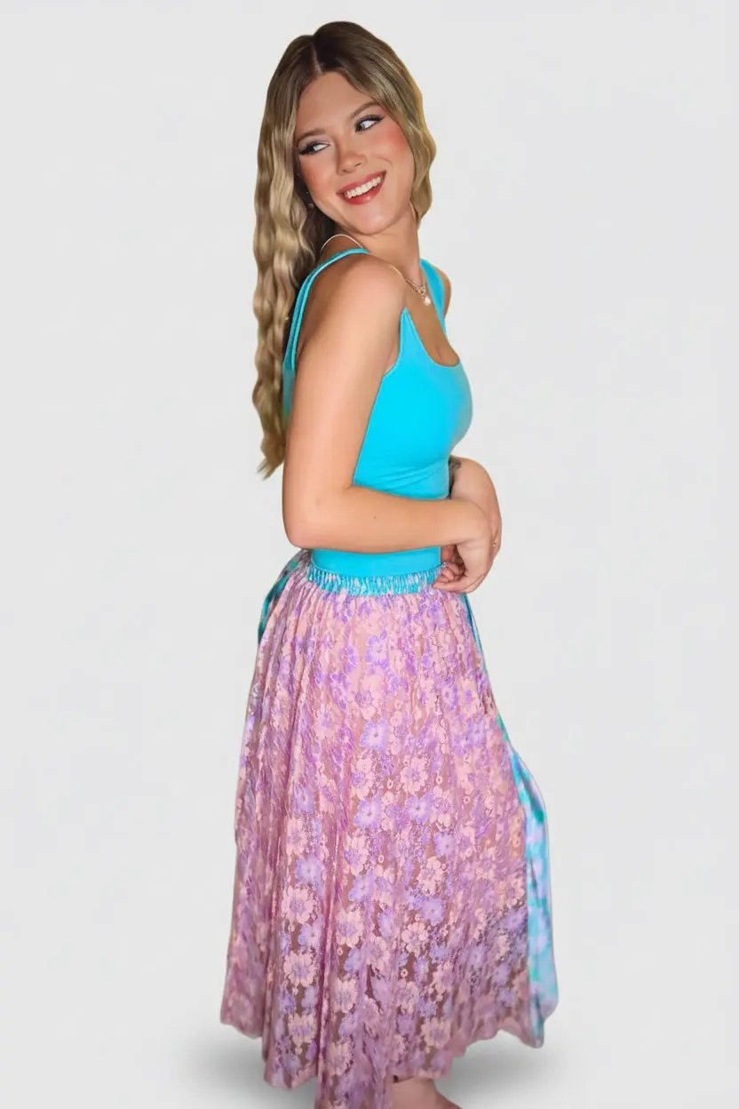 Mystree Mystree Mixed Media Midi Skirt: Teal/Lavender - Skirts