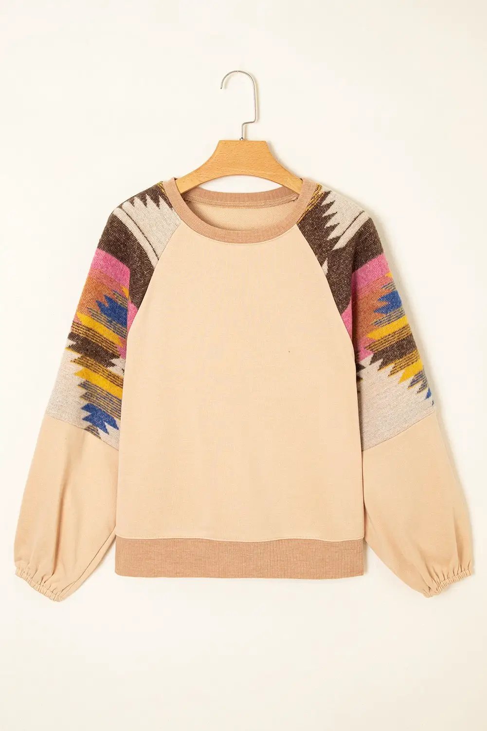 Grateful Threads Boutique Light French Beige Aztec Patchwork Raglan Pullover Sweatshirt - Sweatshirts Light French Beige Aztec Patchwork Raglan Pullover Sweatshirt