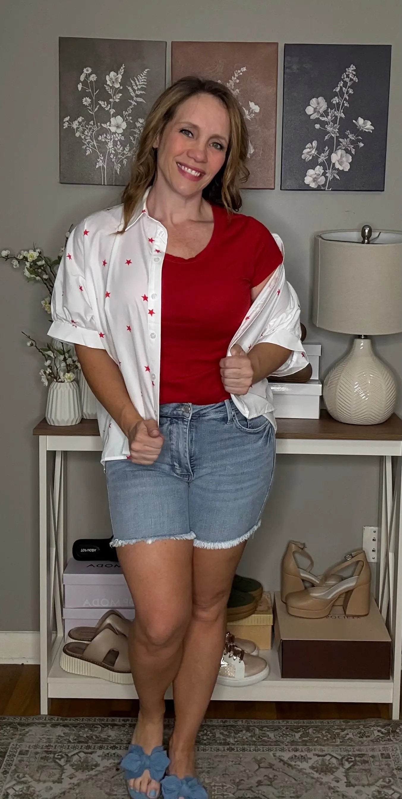 Grateful Threads Boutique White Red Little Stars Half Sleeve Shirt - Shirts white red little stars blouse