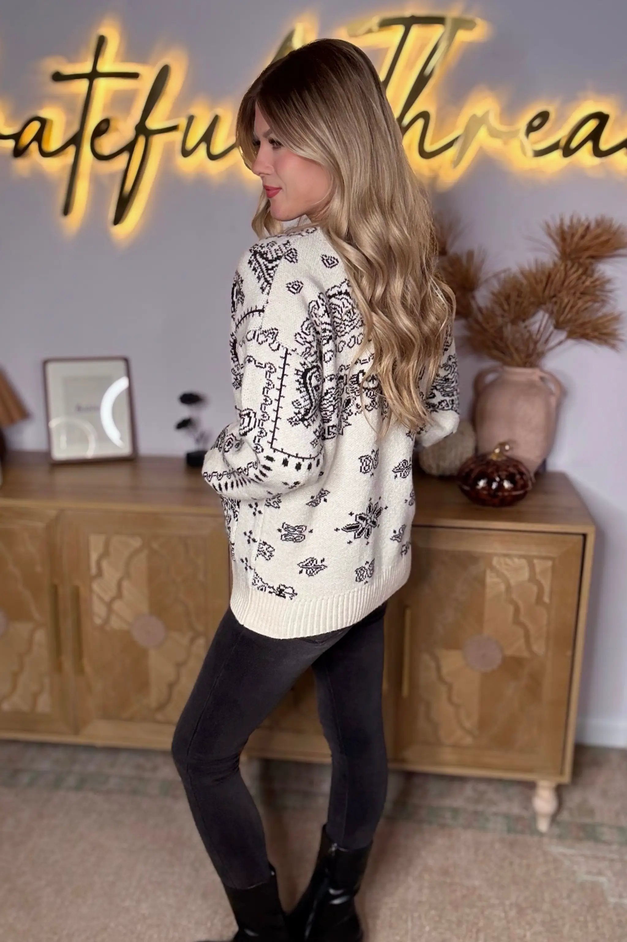 Grateful Threads Boutique Cream & Black Chunky Bandana Knit Oversized Cardigan - Cardigans