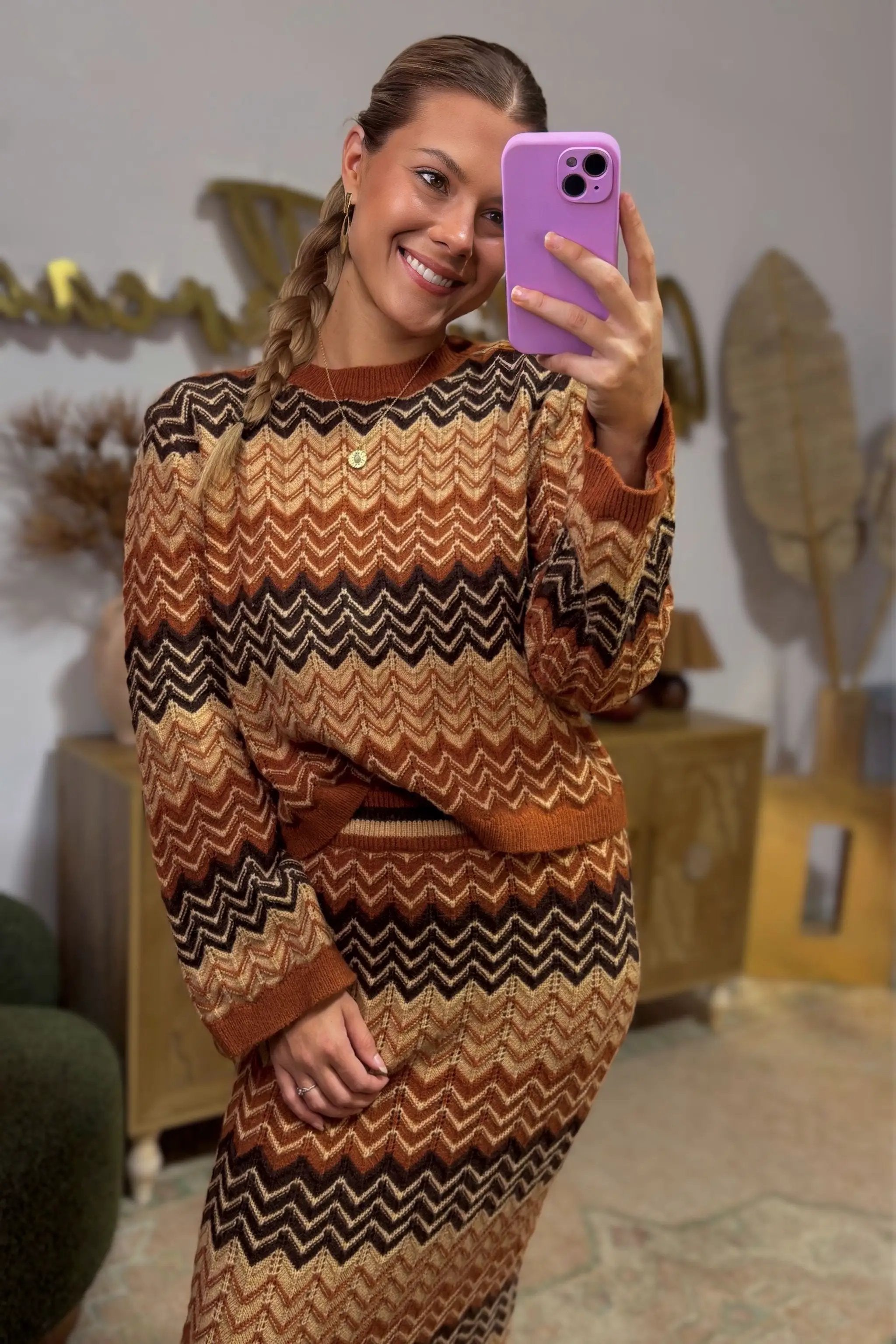 So Me Autumn Aura Chevron Knit Skirt Set - Outfit Sets Chevron sweater skirt set