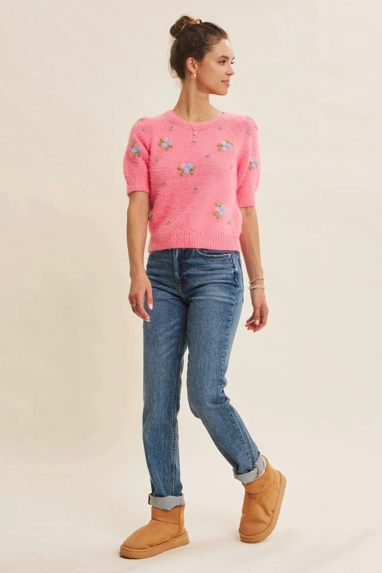 in february The Bloom Embroidered Fuzzy Sweater in Candy Pink - Sweaters